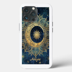 Personalized Blue Celestial Gold Sun Moon Mandala  iPhone 13 Pro Case