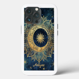 Personalized Blue Celestial Gold Sun Moon Mandala iPhone 13 Pro Case