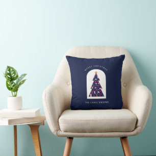 Personalized Blue Chequered Christmas Tree  Throw Pillow