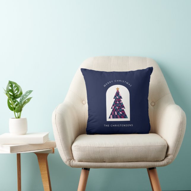 Personalized Blue Chequered Christmas Tree  Throw Pillow (Chair)