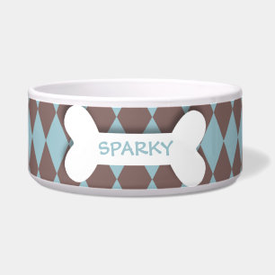 Personalized blue chequered dog bone pet food bowl