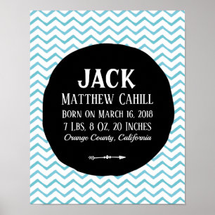 Personalized blue chevron birth poster print
