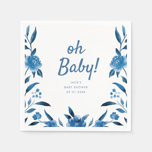 Personalized blue Chinoiserie floral baby shower Napkin (Front)
