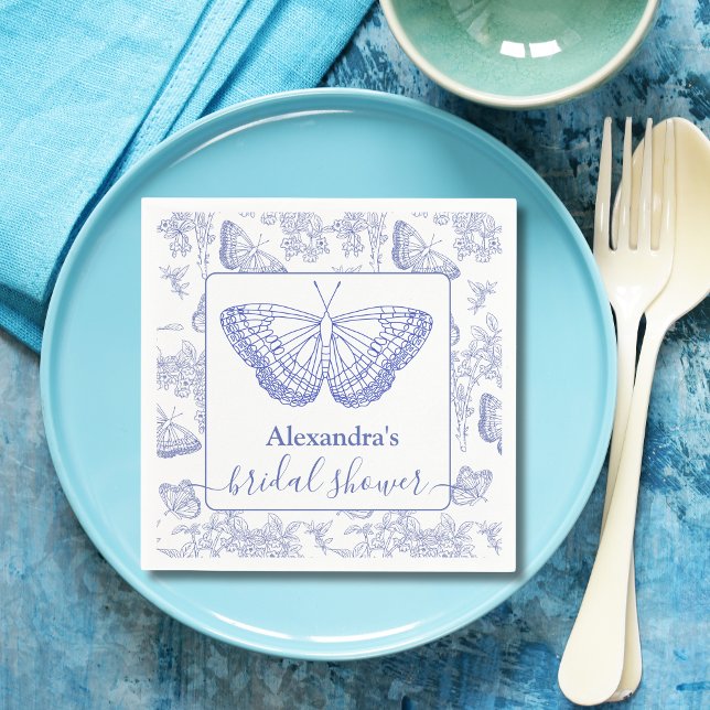 Personalized Blue Chinoiserie Floral Bridal Shower Napkin (Creator Uploaded)