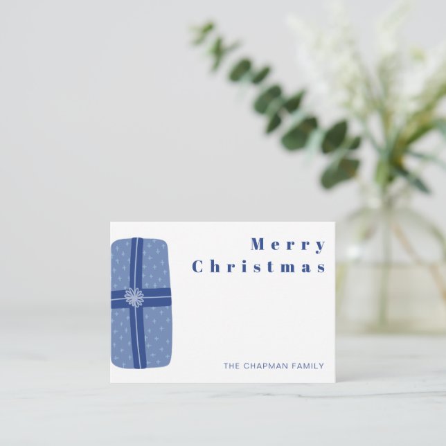 Personalized Blue Christmas Gift Present Card (Standing Front)
