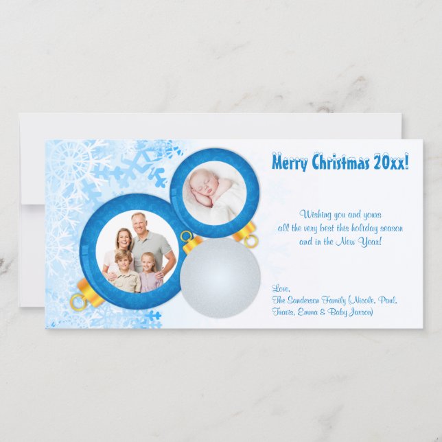 Personalized Blue Christmas Ornaments Photo Card (Front)
