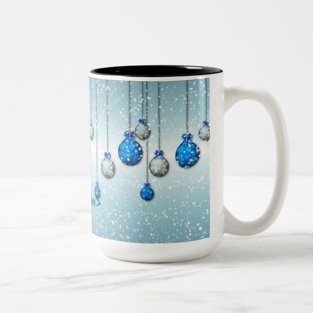 Personalized Blue Christmas Snow Ornaments Mug (Right)