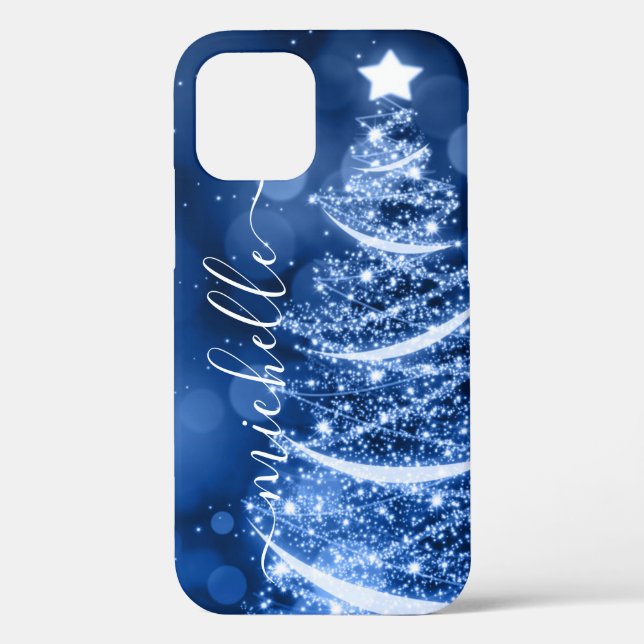 Personalized Blue Christmas Sparkling Tree Case-Mate iPhone Case (Back)