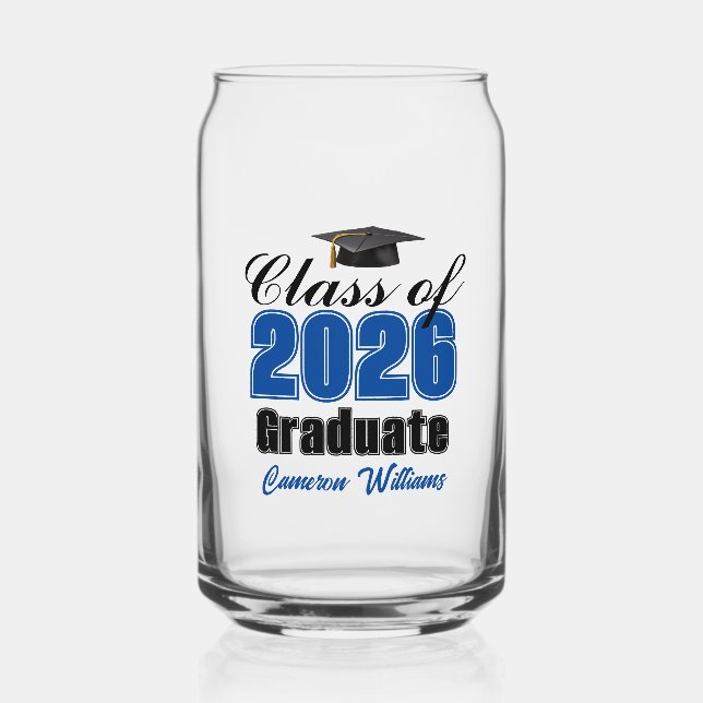 Personalized Blue Class of 2026 Graduation Can Glass (Front)