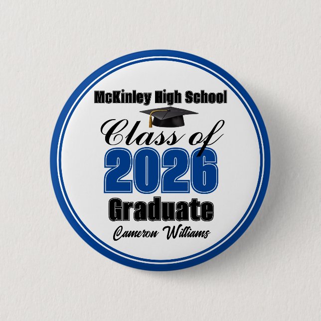 Personalized Blue Class of 2026 Graduation Party 2 Inch Round Button (Front)