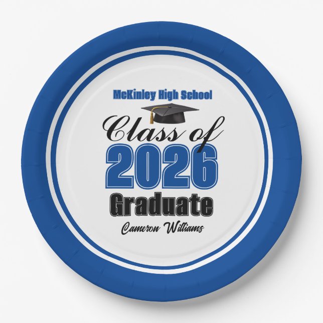 Personalized Blue Class of 2026 Graduation Party Paper Plate (Front)