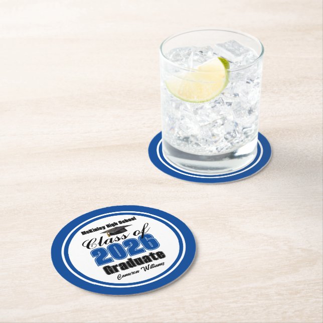 Personalized Blue Class of 2026 Graduation Party Round Paper Coaster (Insitu)