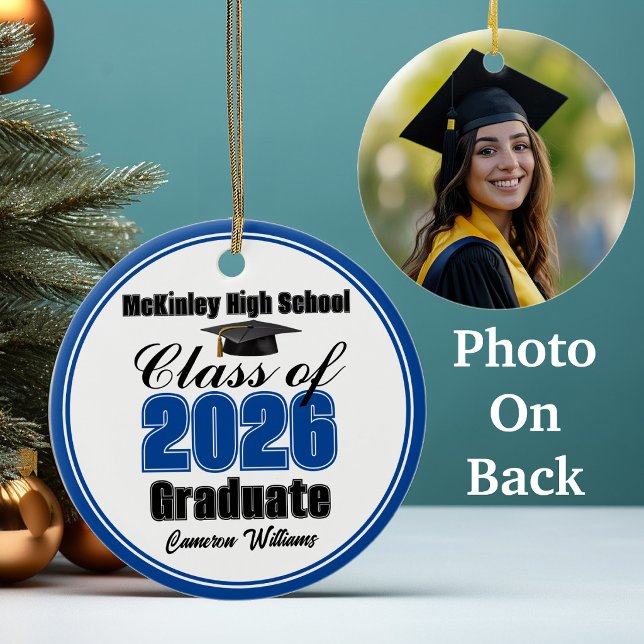 Personalized Blue Class of 2026 Graduation Photo Ceramic Ornament (Creator Uploaded)