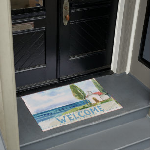 Personalized Blue Coastal Ocean Beach Church Doormat