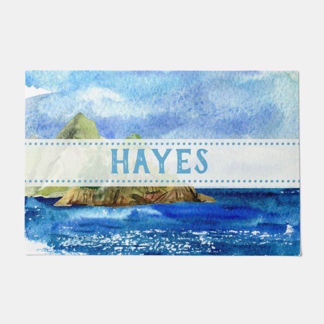 Personalized Blue Coastal Ocean Beach Rock Doormat (Front)