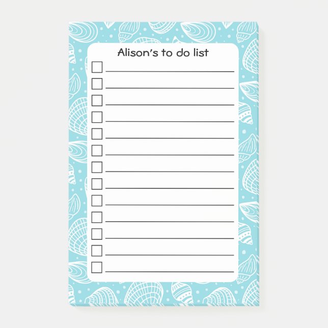 Personalized Blue Coastal Shells To Do List Post-it Notes (Front)