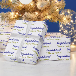 Personalized Blue Congratulations Gold Name, White Wrapping Paper