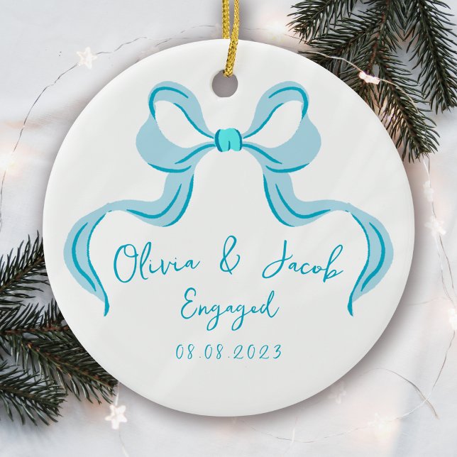 Personalized Blue Coquette Bow Engaged Ceramic Ornament (Creator Uploaded)