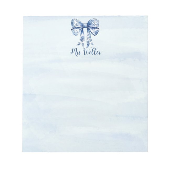 Personalized Blue Coquette Bow New Teacher Notepad (Front)