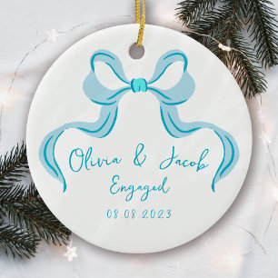 Personalized Blue Coquette Bow Photo Engaged Ceramic Ornament