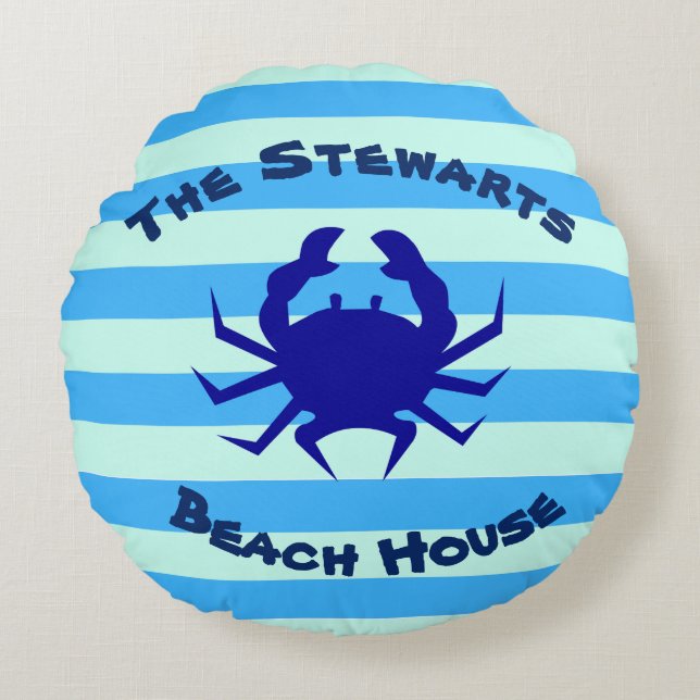 Personalized Blue Crab Round Beach House Pillow (Front)