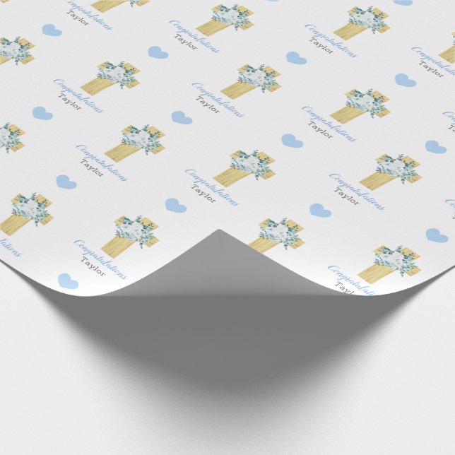 Personalized Blue Cross Boy Baptism Communion Wrapping Paper (Corner)