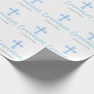 Personalized Blue Cross Boy First Holy Communion Wrapping Paper