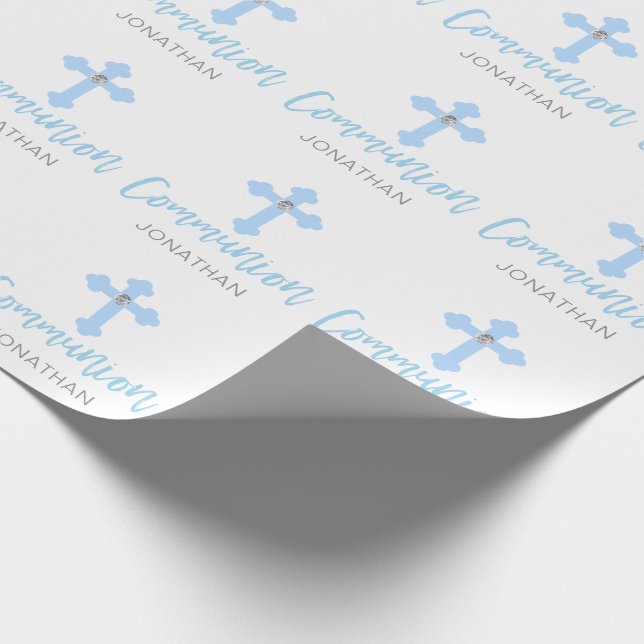 Personalized Blue Cross Boy First Holy Communion Wrapping Paper (Corner)