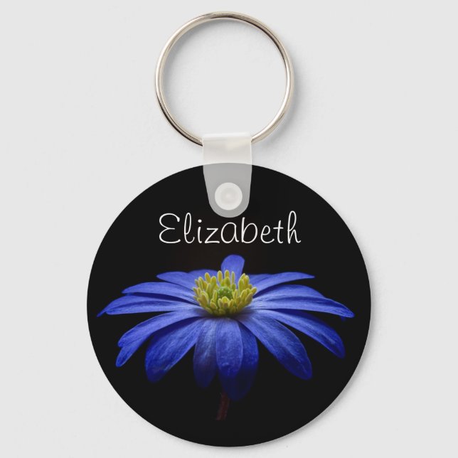 Personalized Blue Daisy Gerbera Flower Keychain (Front)