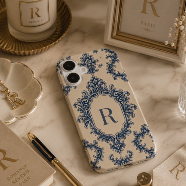 Personalized Blue Damask Monogram Case-Mate iPhone Case (Creator Uploaded)