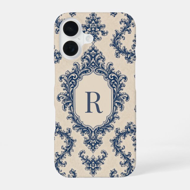 Personalized Blue Damask Monogram iPhone 16 Case (Back)