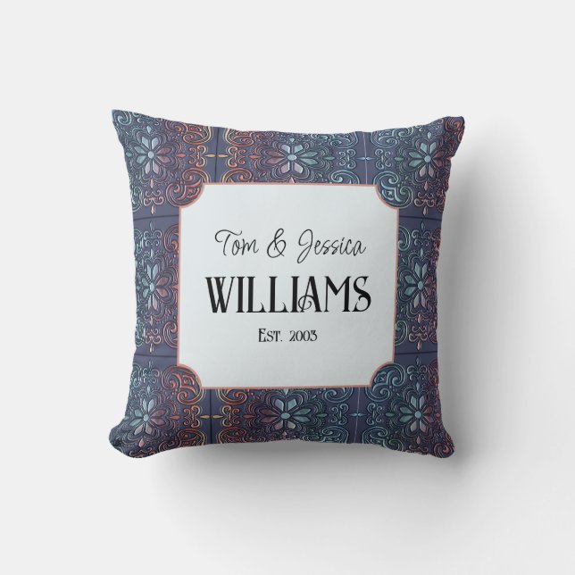 Personalized Blue Decorative Tile Throw Pillow (Front)