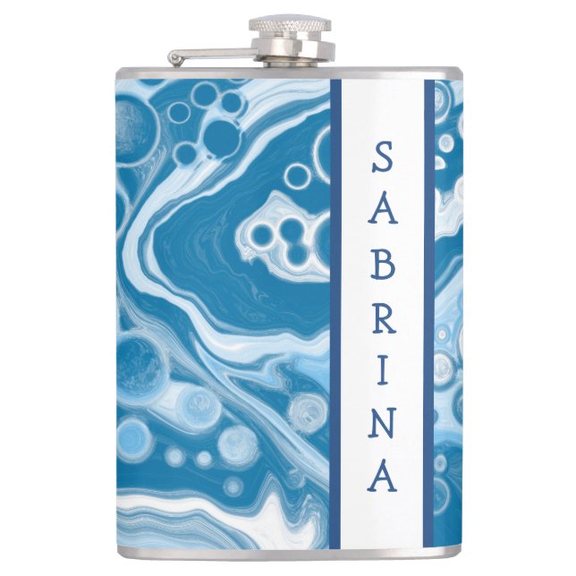 Personalized Blue Digital Fluid Art Marble   Hip Flask (Front)