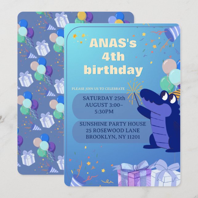 Personalized Blue Dinosaur 4th Birthday Invitation (Front/Back)