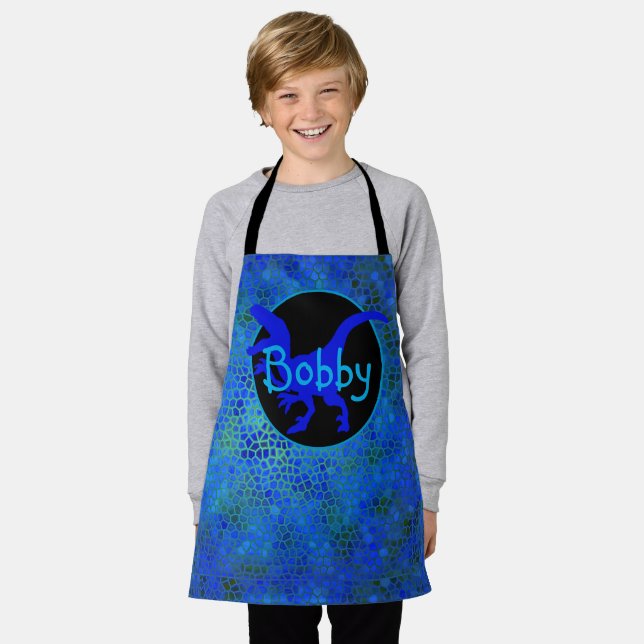 Personalized Blue Dinosaur Hide Kids Print Apron (Worn)
