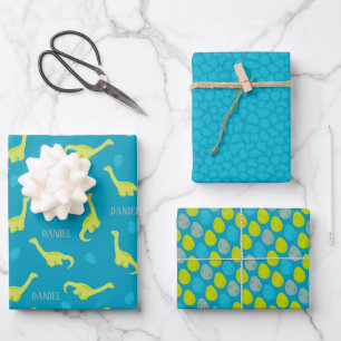 Personalized Blue Dinosaur Pattern Wrapping Paper Sheet