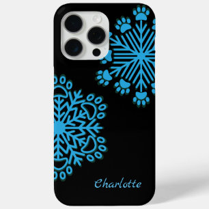 Personalized Blue Dog Paw Snowflake on Black iPhone 15 Pro Max Case