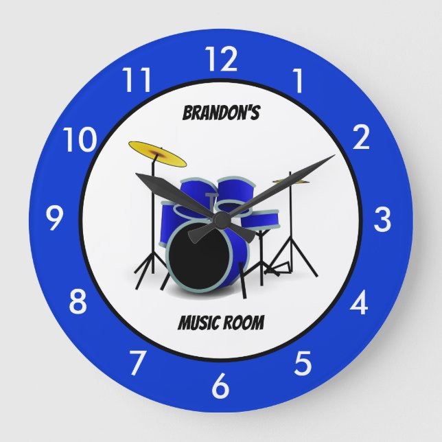 Personalized Blue Drum Set Music Large Clock (Front)