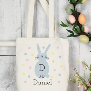 Personalized Blue Easter Bunny Polka Dots Tote Bag