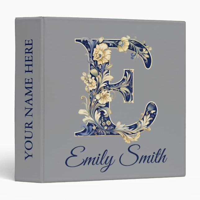 Personalized Blue Elegant Floral Monogram E Binder (Front/Spine)