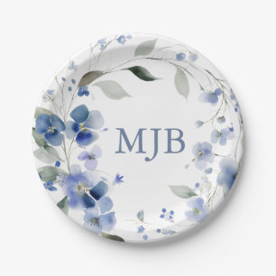 Personalized Blue Elegant Floral Monogram Paper Plate