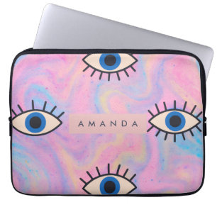 Personalized Blue Evil Eye Pop Art on Pastel Swirl Laptop Sleeve