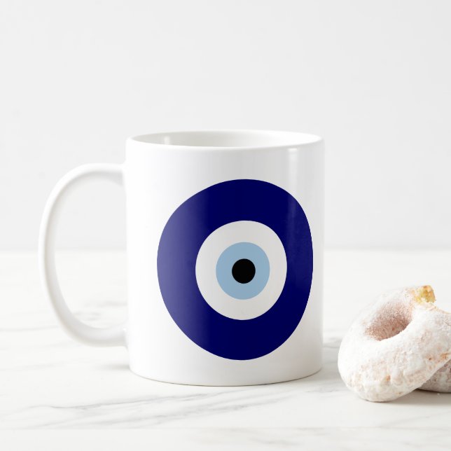 Personalized Blue Evil Eye Protection Symbol Coffee Mug (With Donut)
