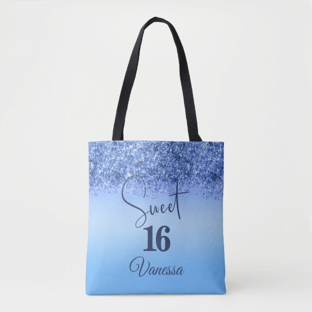 Personalized Blue Faux Glitter Sweet 16 Tote Bag  (Front)