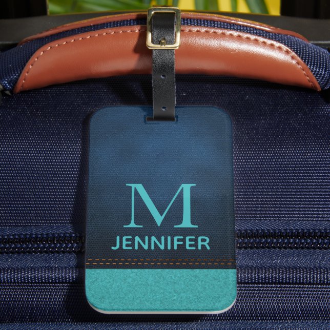 Personalized Blue Faux Leather Monogram Luggage Tag (Front Insitu 2)