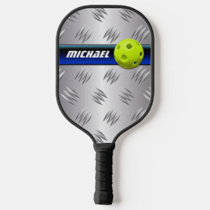 Personalized Blue, FAUX Silver Diamond Plate Pickleball Paddle