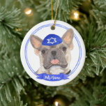 Personalized Blue Fawn Tricolor Frenchie Hanukkah Ceramic Ornament<br><div class="desc">Celebrate your favourite mensch on a bench with a personalized ornament! This design features a sweet illustration of a blue fawn tricolor frenchie or french bulldog with a blue and white yarmulke. For the most thoughtful gifts, pair it with another item from my collection! To see more work and learn...</div>