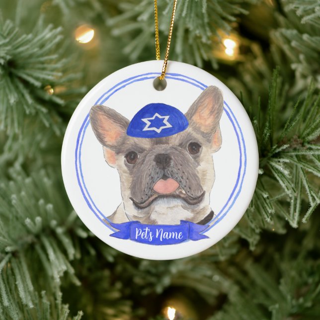Personalized Blue Fawn Tricolor Frenchie Hanukkah Ceramic Ornament (Tree)