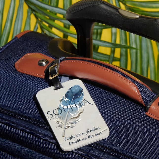 Personalized Blue Feather Custom Name Monogram  Luggage Tag (Front Insitu 1)
