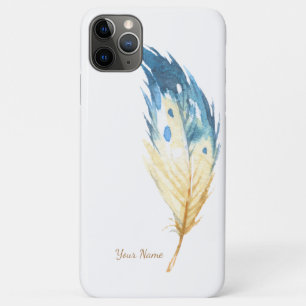 Personalized Blue Feather Watercolor Art iPhone 11 Pro Max Case